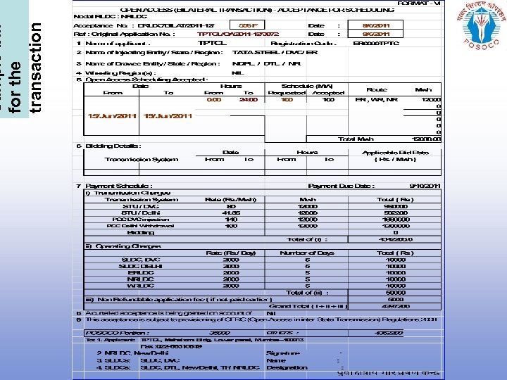 Sample bill for the transaction 