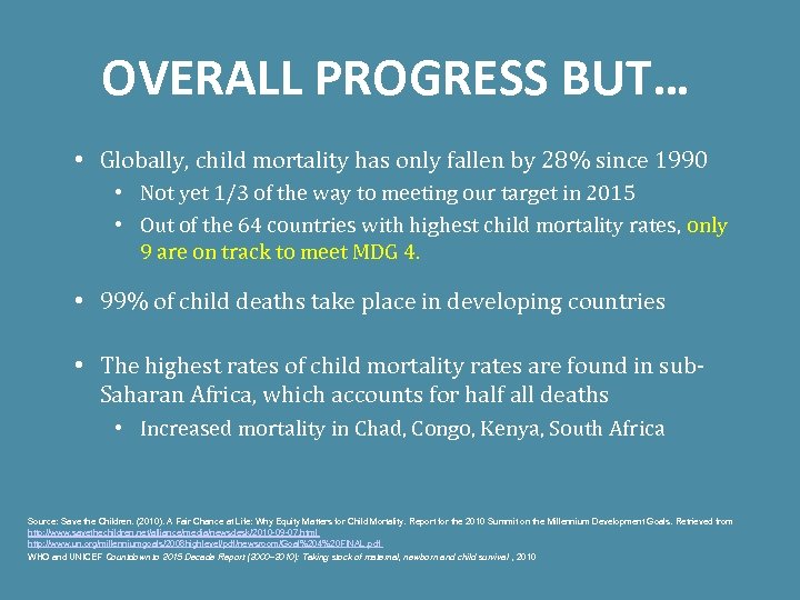OVERALL PROGRESS BUT… • Globally, child mortality has only fallen by 28% since 1990