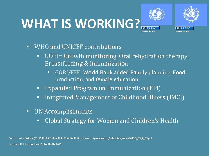 WHAT IS WORKING? Open Clip Art • WHO and UNICEF contributions • GOBI= Growth