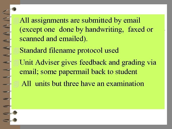 4 All assignments are submitted by email (except one done by handwriting, faxed or