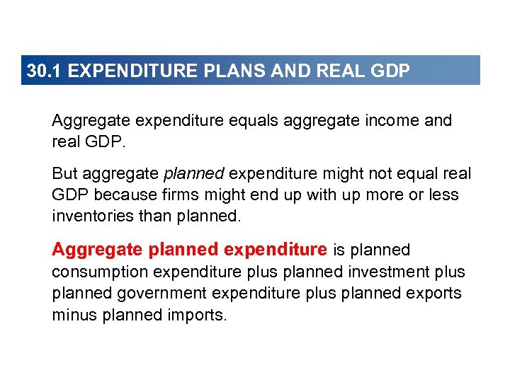 30. 1 EXPENDITURE PLANS AND REAL GDP Aggregate expenditure equals aggregate income and real