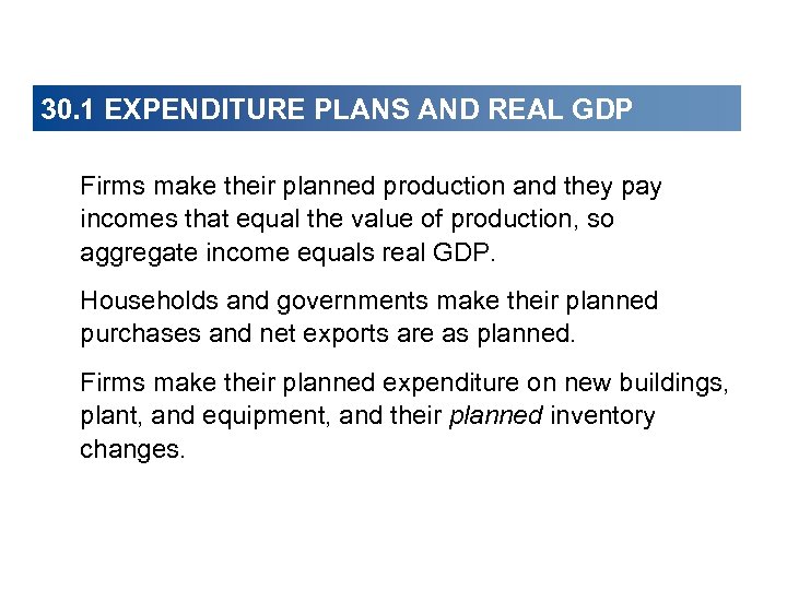 30. 1 EXPENDITURE PLANS AND REAL GDP Firms make their planned production and they