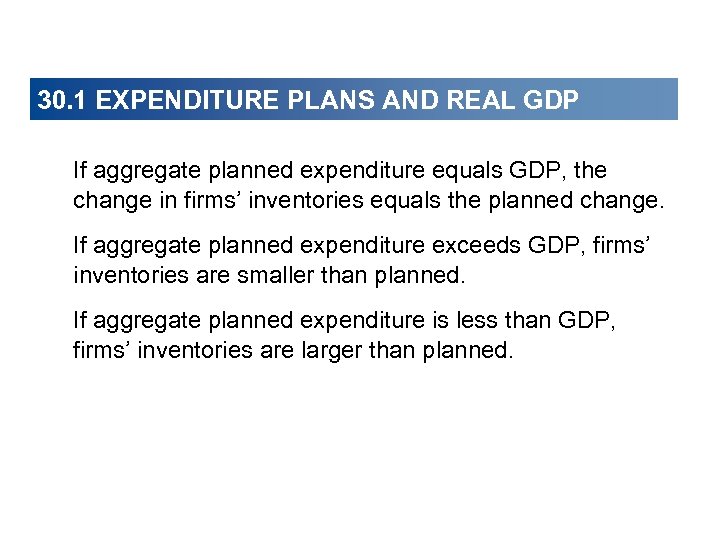 30. 1 EXPENDITURE PLANS AND REAL GDP If aggregate planned expenditure equals GDP, the