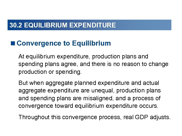 30. 2 EQUILIBRIUM EXPENDITURE <Convergence to Equilibrium At equilibrium expenditure, production plans and spending