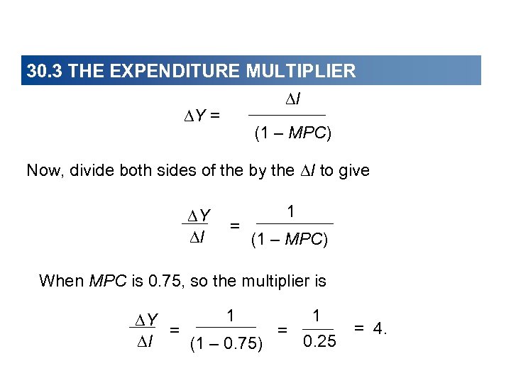 30. 3 THE EXPENDITURE MULTIPLIER I Y = (1 – MPC) Now, divide both