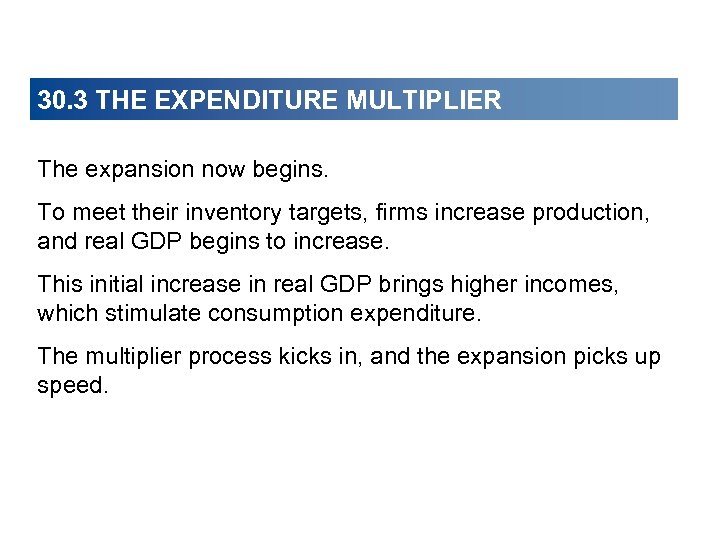 30. 3 THE EXPENDITURE MULTIPLIER The expansion now begins. To meet their inventory targets,