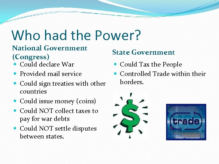 Who had the Power? National Government (Congress) Could declare War Provided mail service Could