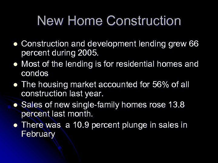New Home Construction l l l Construction and development lending grew 66 percent during