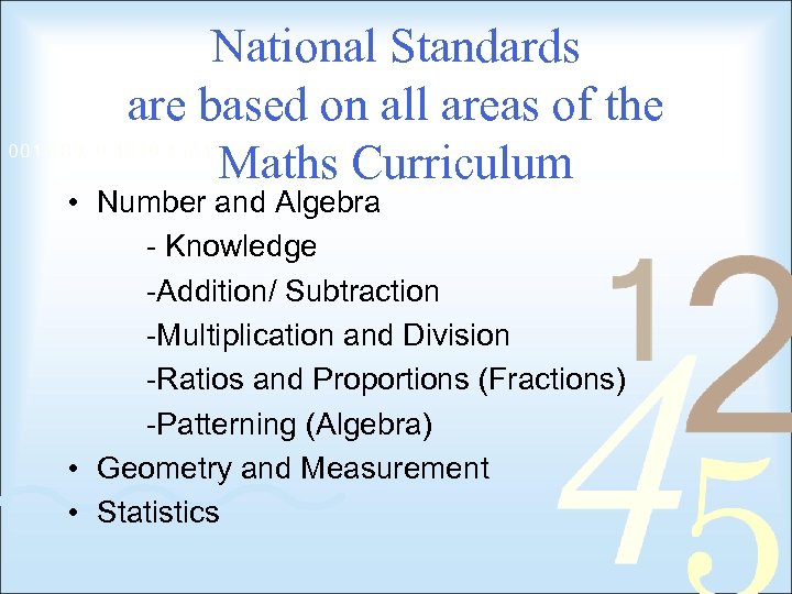 National Standards are based on all areas of the Maths Curriculum • Number and
