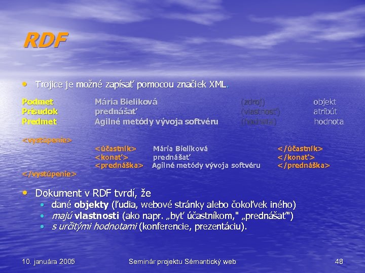 RDF • Trojice je možné zapísať pomocou značiek XML. Podmet Prísudok Predmet <vystúpenie> </vystúpenie>