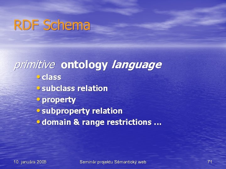 RDF Schema primitive ontology language • class • subclass relation • property • subproperty