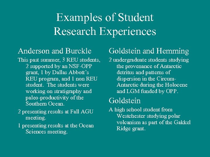 Examples of Student Research Experiences Anderson and Burckle Goldstein and Hemming This past summer,