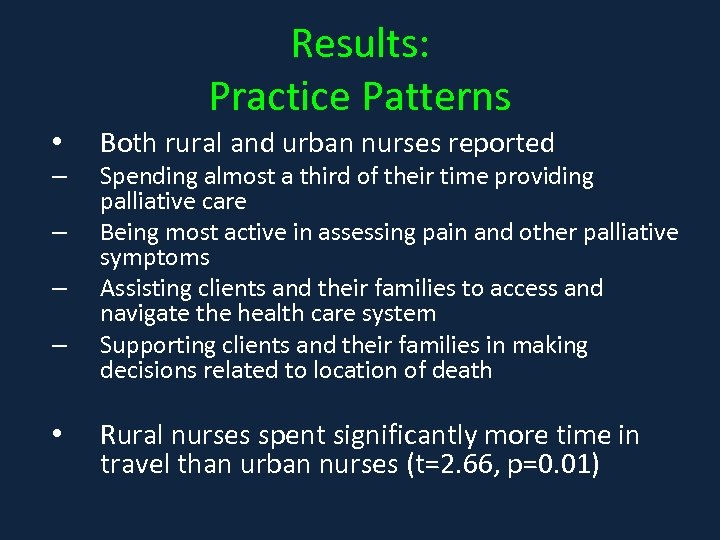 Results: Practice Patterns • – – • Both rural and urban nurses reported Spending