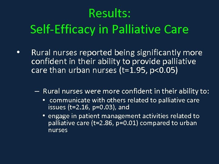 Results: Self-Efficacy in Palliative Care • Rural nurses reported being significantly more confident in