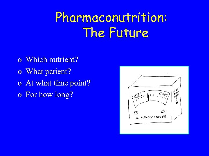 Pharmaconutrition: The Future o o Which nutrient? What patient? At what time point? For