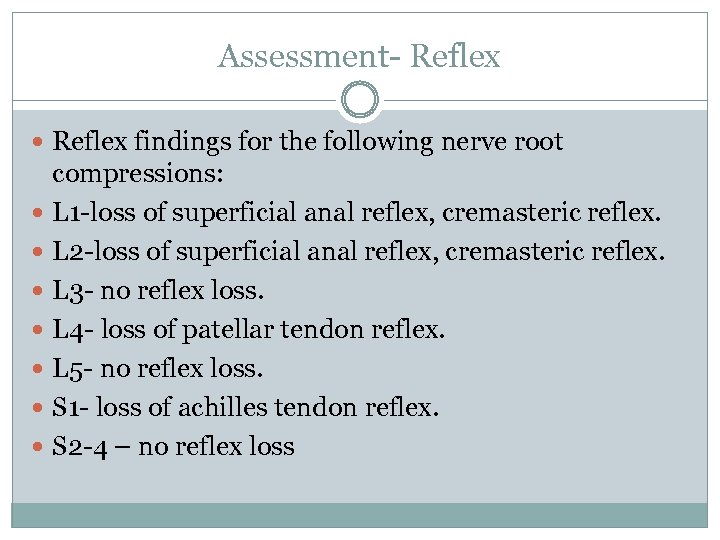 Assessment- Reflex findings for the following nerve root compressions: L 1 -loss of superficial