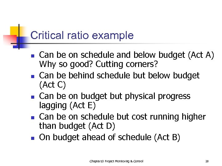 Critical ratio example n n n Can be on schedule and below budget (Act