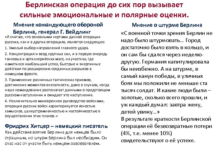 Берлинская операция до сих пор вызывает сильные эмоциональные и полярные оценки. Мнение командующего обороной