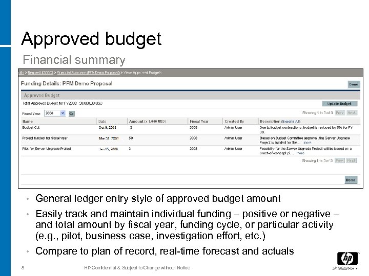 Approved budget Financial summary General ledger entry style of approved budget amount • Easily