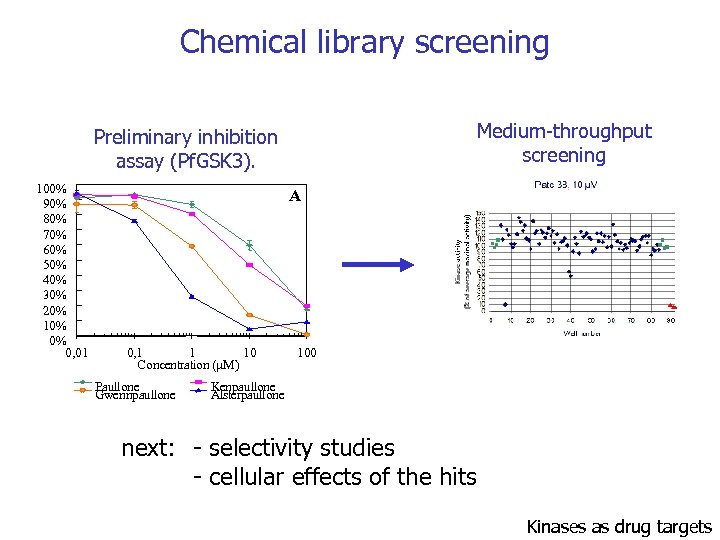 Chemical library screening Medium-throughput screening Preliminary inhibition assay (Pf. GSK 3). 100% 90% 80%