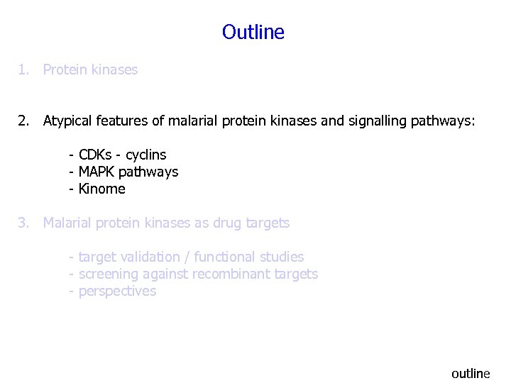 Outline 1. Protein kinases 2. Atypical features of malarial protein kinases and signalling pathways: