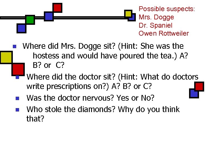 Possible suspects: Mrs. Dogge Dr. Spaniel Owen Rottweiler n n Where did Mrs. Dogge