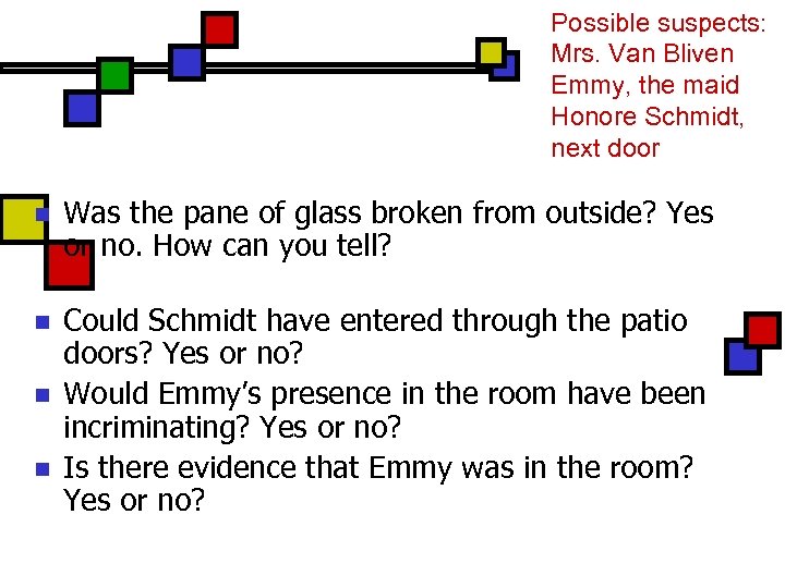 Possible suspects: Mrs. Van Bliven Emmy, the maid Honore Schmidt, next door n Was