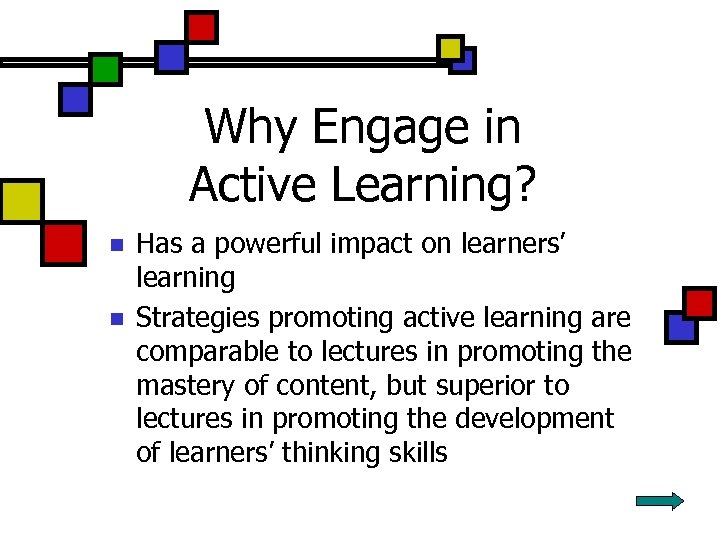 Why Engage in Active Learning? n n Has a powerful impact on learners’ learning