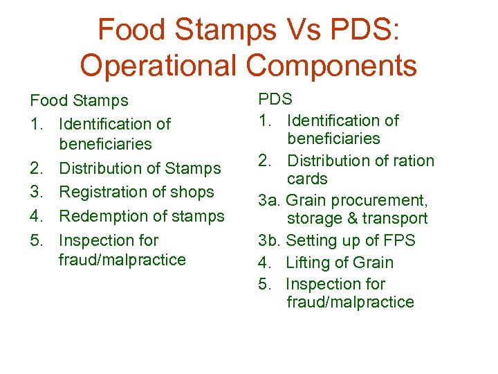 Food Stamps Vs PDS: Operational Components Food Stamps 1. Identification of beneficiaries 2. Distribution