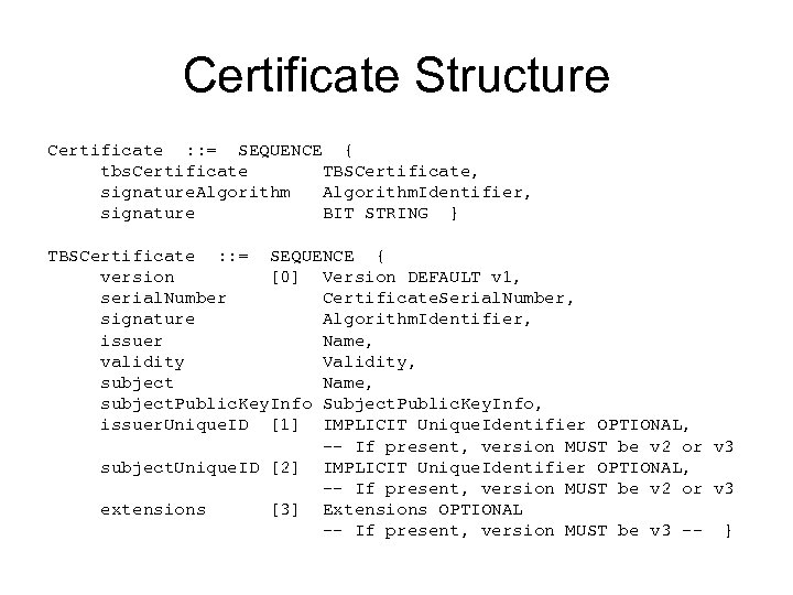 Certificate Structure Certificate : : = SEQUENCE { tbs. Certificate TBSCertificate, signature. Algorithm. Identifier,