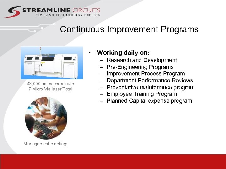  Continuous Improvement Programs • Working daily on: 48, 000 holes per minute 7