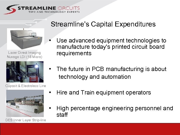  Streamline’s Capital Expenditures Laser Direct Imaging Nuvogo LDI (18 Micro) • Use advanced