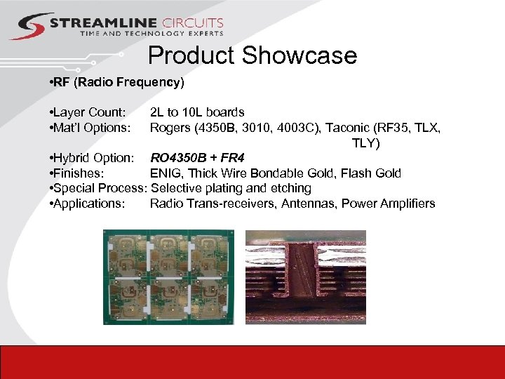 Product Showcase • RF (Radio Frequency) • Layer Count: • Mat’l Options: 2 L