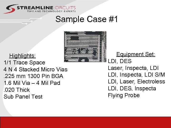 Sample Case #1 Highlights: 1/1 Trace Space 4 N 4 Stacked Micro Vias. 225