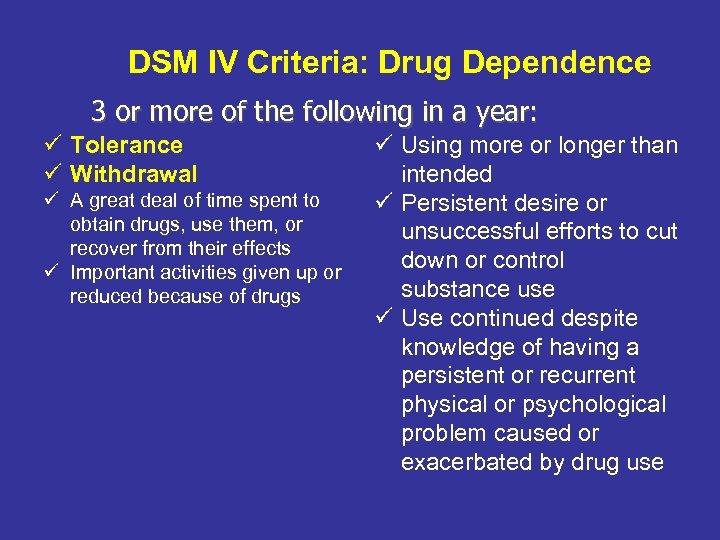 DSM IV Criteria: Drug Dependence 3 or more of the following in a year: