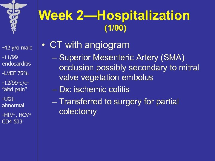 Week 2—Hospitalization (1/00) -42 y/o male -11/99 endocarditis -LVEF 75% -12/99 -c/c”abd pain” -UGIabnormal