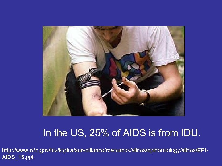 In the US, 25% of AIDS is from IDU. http: //www. cdc. gov/hiv/topics/surveillance/resources/slides/epidemiology/slides/EPIAIDS_16. ppt