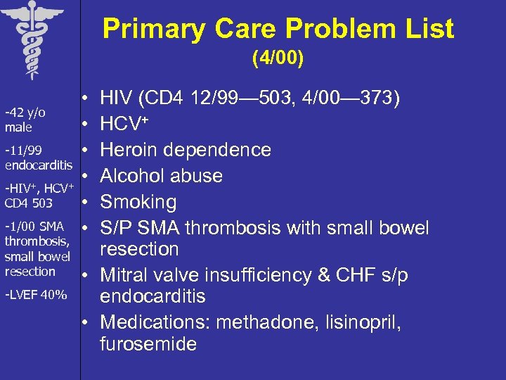 Primary Care Problem List (4/00) -42 y/o male -11/99 endocarditis -HIV+, HCV+ CD 4