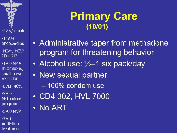 Primary Care -42 y/o male -11/99 endocarditis -HIV+, HCV+, CD 4 313 -1/00 SMA