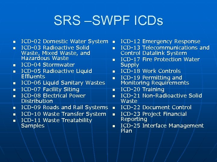 SRS –SWPF ICDs n n n n n ICD-02 Domestic Water System ICD-03 Radioactive