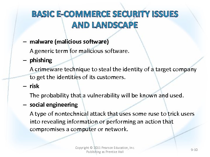 BASIC E-COMMERCE SECURITY ISSUES AND LANDSCAPE – malware (malicious software) A generic term for