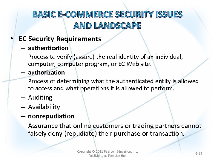 BASIC E-COMMERCE SECURITY ISSUES AND LANDSCAPE • EC Security Requirements – authentication Process to