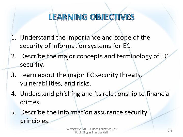 LEARNING OBJECTIVES 1. Understand the importance and scope of the security of information systems
