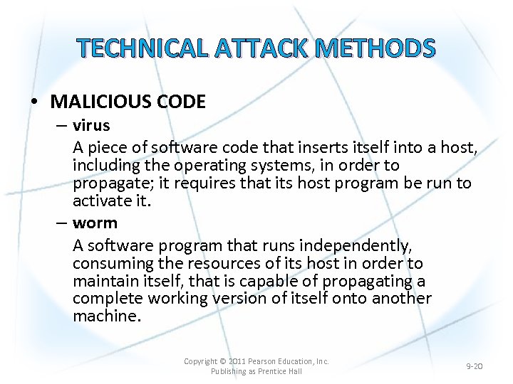 TECHNICAL ATTACK METHODS • MALICIOUS CODE – virus A piece of software code that