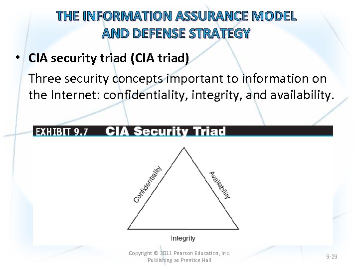 THE INFORMATION ASSURANCE MODEL AND DEFENSE STRATEGY • CIA security triad (CIA triad) Three