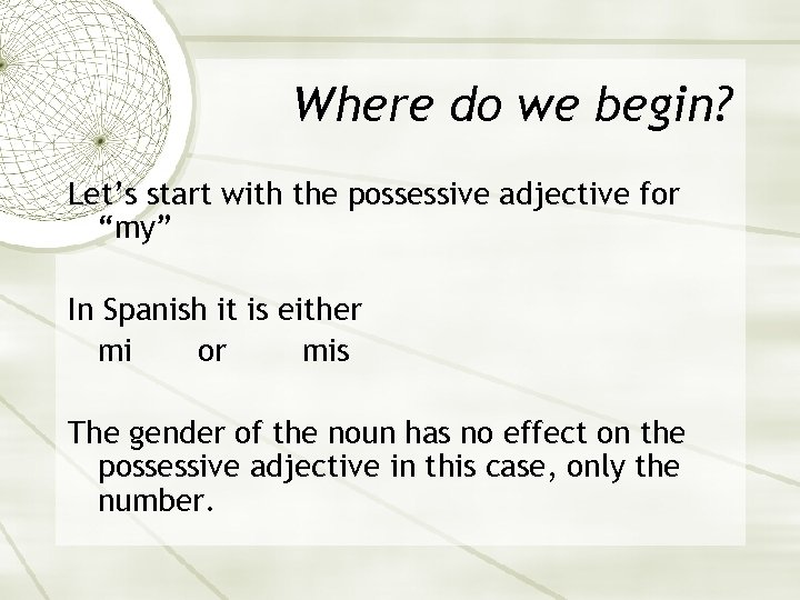 Where do we begin? Let’s start with the possessive adjective for “my” In Spanish