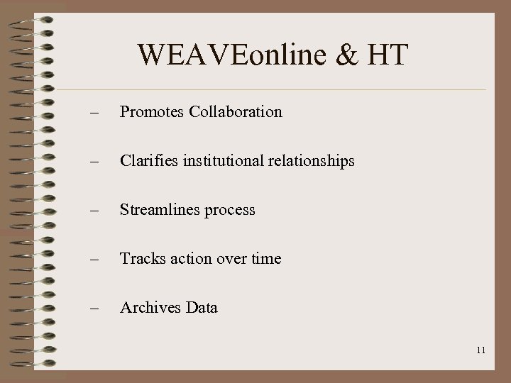 WEAVEonline & HT – Promotes Collaboration – Clarifies institutional relationships – Streamlines process –