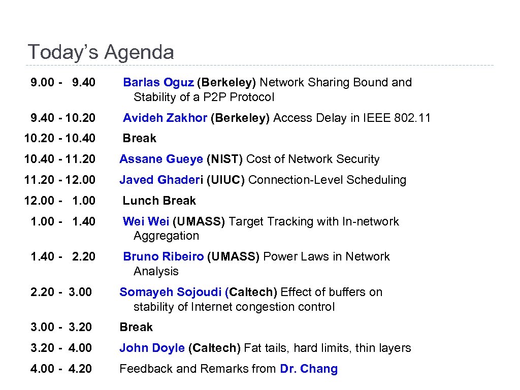 Today’s Agenda 9. 00 - 9. 40 Barlas Oguz (Berkeley) Network Sharing Bound and