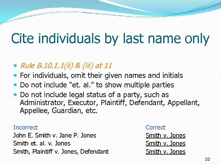 Cite individuals by last name only Rule B. 10. 1. 1(ii) & (iii) at