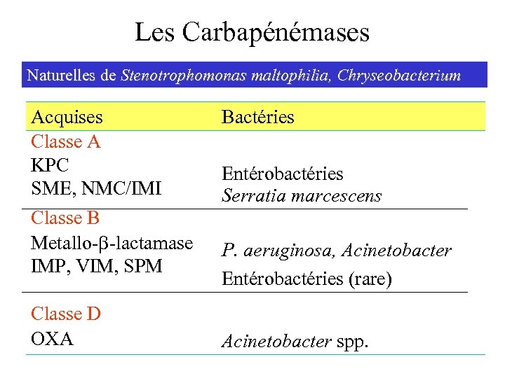 Les Carbapénémases Naturelles de Stenotrophomonas maltophilia, Chryseobacterium Acquises Classe A KPC SME, NMC/IMI Classe